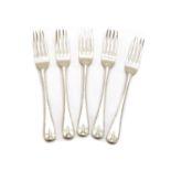 A set of five Victorian silver feather-edge and teardrop dessert forks