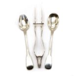 A Victorian pair of silver fiddle pattern salad serving spoons,