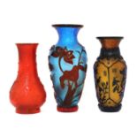 Three Chinese overlay Peking glass vases,