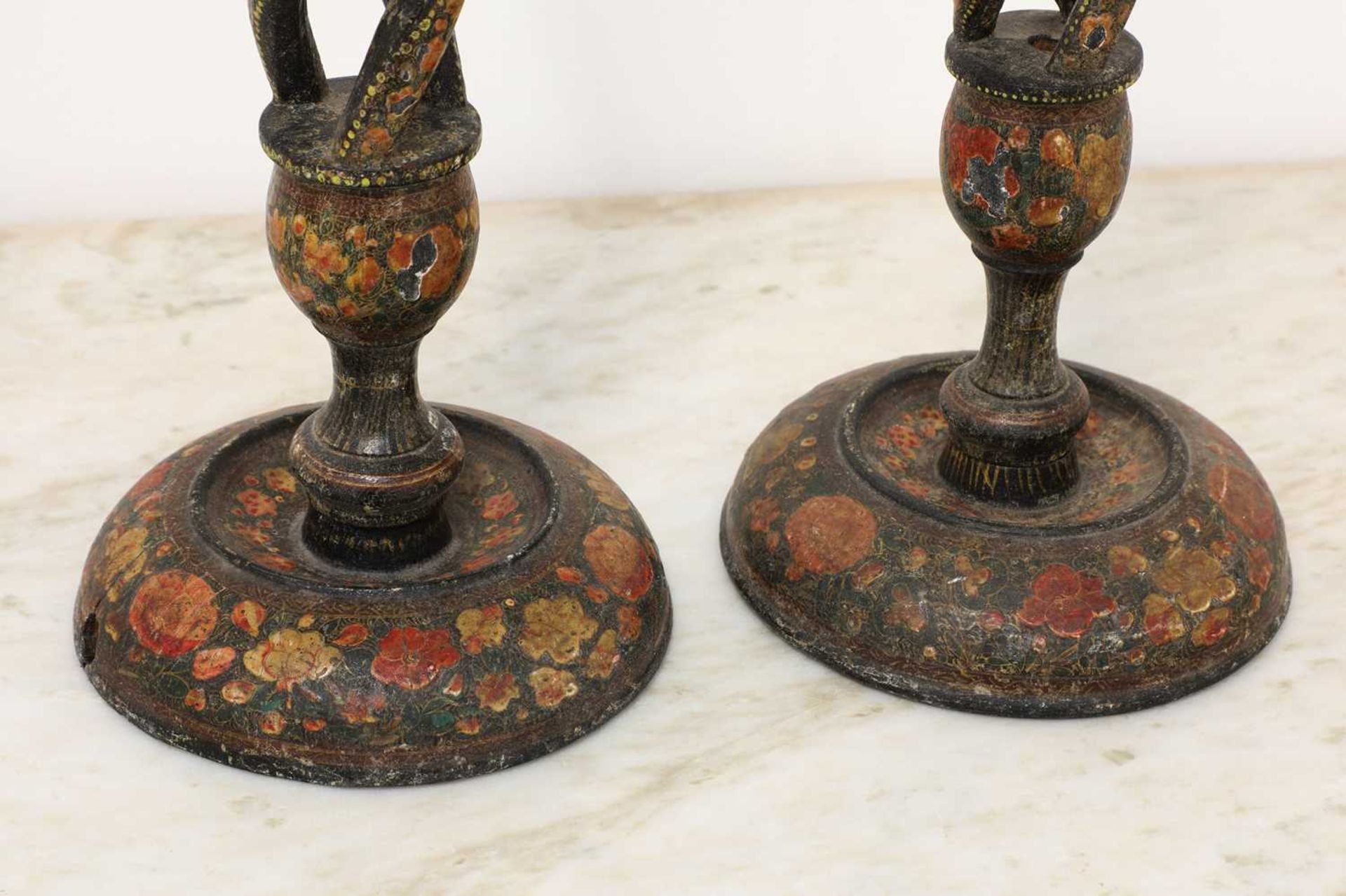 A pair of Indian papier mâché candlesticks, - Image 4 of 4