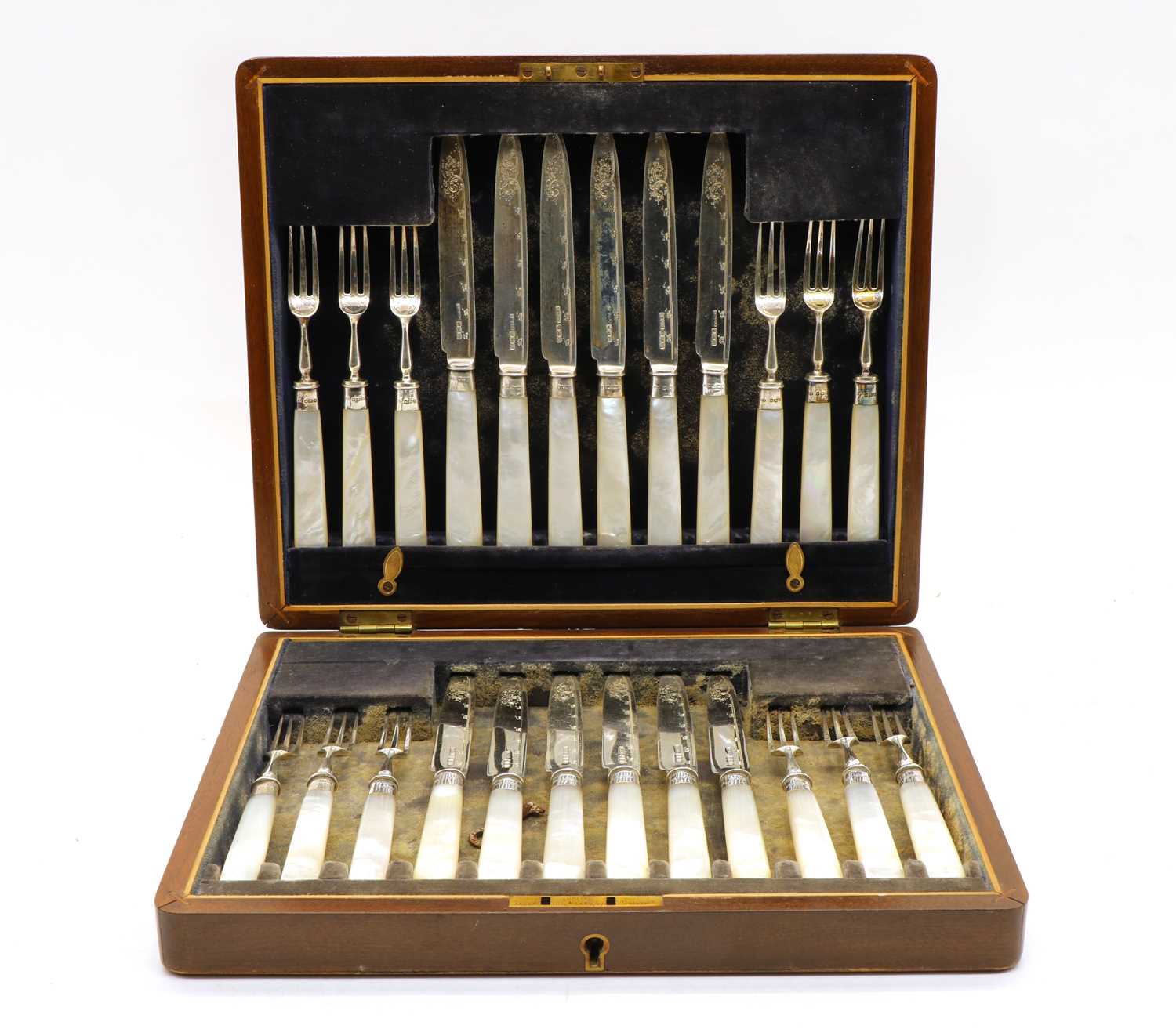 A cased set of twelve silver and mother of pearl handled fruit knives and forks, - Image 2 of 6