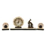 An Art Deco marble clock garniture,