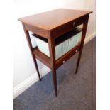 A George III period mahogany work table; the hinged cross-banded top above wool slide and single