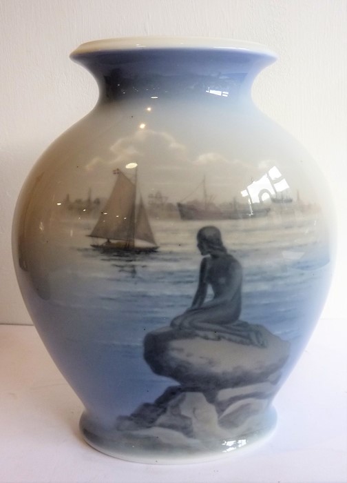 A good Royal Copenhagen ovoid porcelain vase decorated with a mermaid looking out to sea and - Image 2 of 6