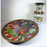 A heavy Chinese cloisonné charger; blue five-clawed dragon contesting the flaming pearl of wisdom