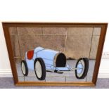 A wooden framed wall-hanging looking glass decorated with a large 1920s/30s open-top Bugatti-style