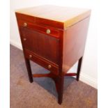 A 19th century mahogany and boxwood-strung washstand; the hinged top above single full-width false