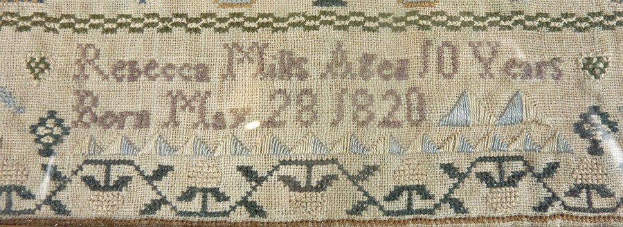 A George IV (dated 1820) framed and glazed (later) needlework sampler; intricately sewn with - Image 3 of 3