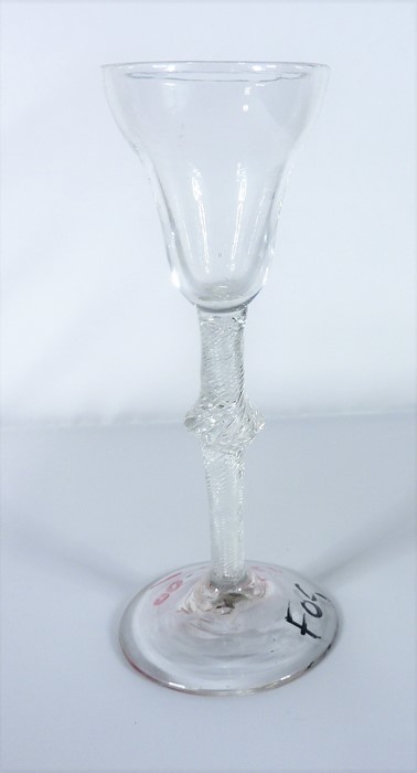 A circa 1760 pan top air-twist wine glass (approx. 16cm high)  Condition Report: Good overall