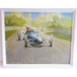 A framed oil on canvas study of motor racing, signed SCH Davis lower left (55cm x 70cm) together