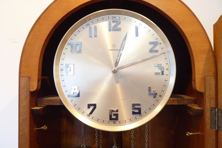An unusual maple longcase clock in Biedermeier-style; the silver dial with Arabic numerals and - Image 5 of 12
