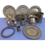 A good selection of mostly 19th century pewterware to include tankards and plates