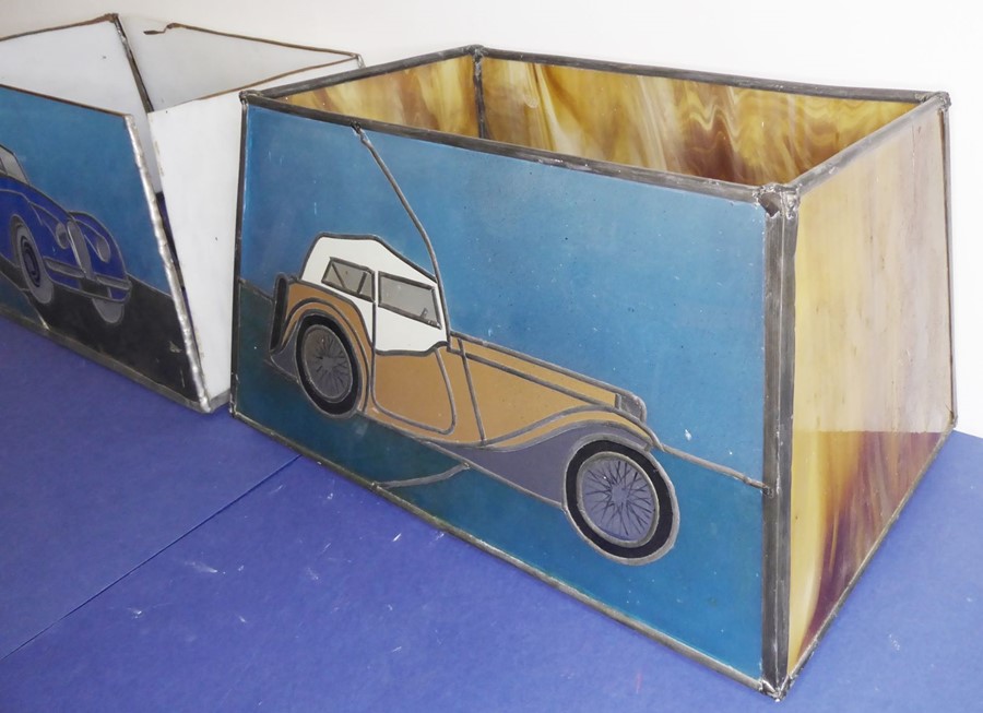 Two unusual Tiffany-style rectangular glass lamp shades decorated with classic cars (39cm long x - Image 2 of 10