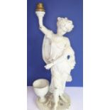 A white-painted (possibly bronze) heavily cast figural lamp; modelled as a maiden in long flowing