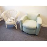 An Art Deco-style light-green-upholstered tub chair together with a white-painted wickerwork