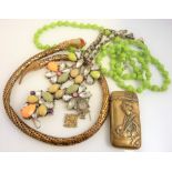 Costume jewellery together with an early 20th century Japanese brass vesta case decorated in