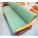 A Danish mid-century teak sofa bed with ski arms and pencil legs, one-click action (1.83m long)