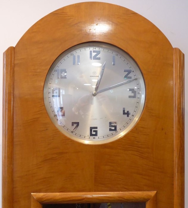 An unusual maple longcase clock in Biedermeier-style; the silver dial with Arabic numerals and - Image 8 of 12