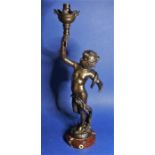 A circa 1910 cast-metal lamp base in the form of a cherub bearing a torch (approx 39cm high and