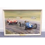 Lionel ROUSE (British) 1911-1984; a framed oil on artist's board study of motor racing, signed HL