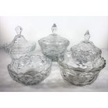 Three cut-glass bowls and covers and two flat-cut bowls Condition Report: The smaller of the two