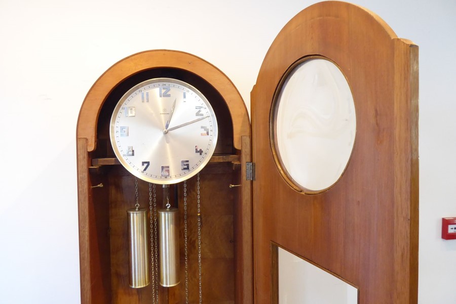 An unusual maple longcase clock in Biedermeier-style; the silver dial with Arabic numerals and - Image 4 of 12
