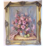 L SUTTON; a large gilt-framed oil on artist's board still-life study 'Queen Elizabeth Roses', signed