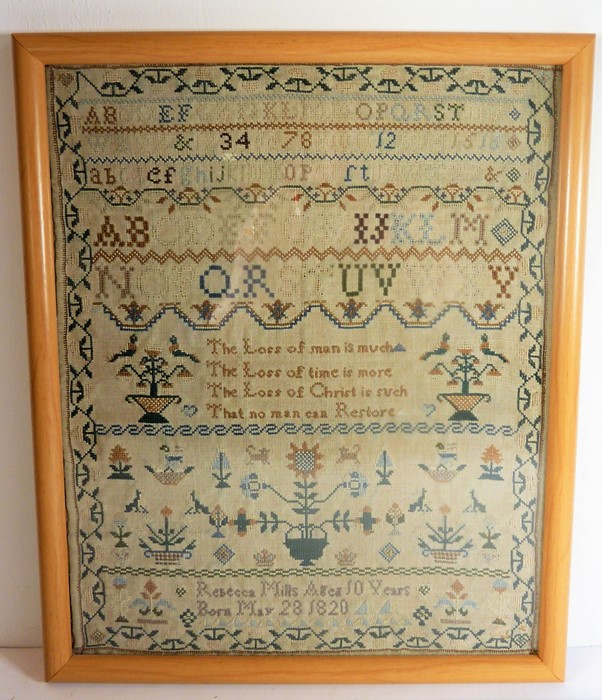 A George IV (dated 1820) framed and glazed (later) needlework sampler; intricately sewn with