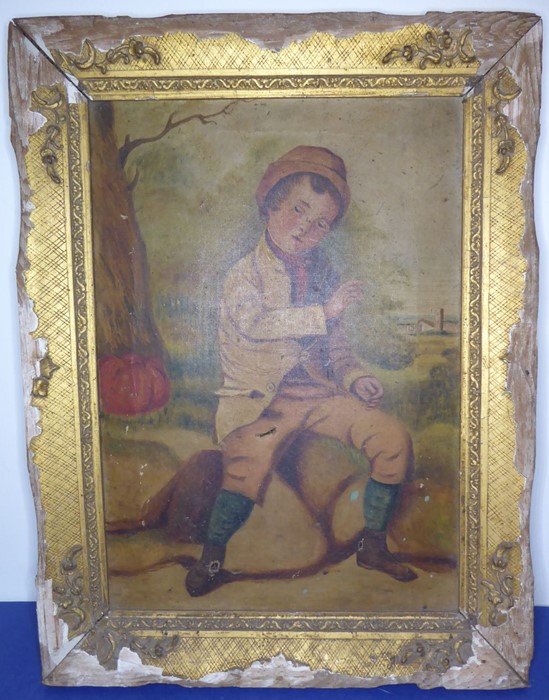 19th century Naïve English; a gilt-framed oil on canvas study of a young boy seated on rocks