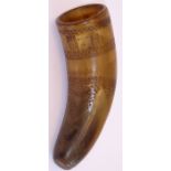An early 19th century animal horn cornucopia carved in naive folk art style with decorative bands