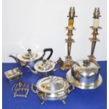 Various silver plate to include a muffin dish and cover, teapot, two-handled sucrier and a pair of