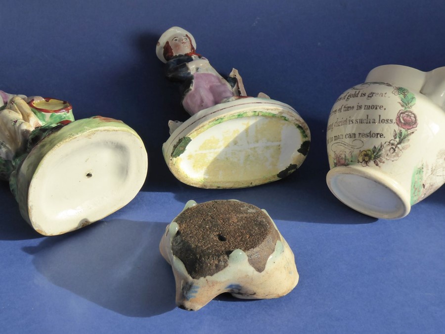 A mixed pottery group of four: two mid-19th century Staffordshire figures, one with a shepherd - Image 3 of 3