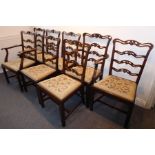 A good set of eight (6+2) 18th century-style mahogany ladderback dining chairs having drop-in floral