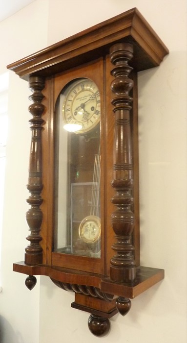 A late 19th century walnut-cased wall-hanging regulator-style clock; the white-enamel dial signed ' - Image 2 of 4