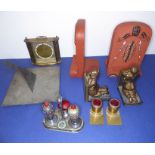 An interesting assortment of items to include a pair of wooden Aboriginal bookends, a patinated