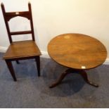 An antique circular fruitwood-topped occasional table on tripod base, together with a late 19th