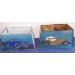 Two unusual Tiffany-style rectangular glass lamp shades decorated with classic cars (39cm long x