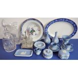 A mixed lot to include small blue Wedgwood Jasperware ornamental wares, two hand-cut decanters, a