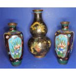 A pair of circa 1900 cloisonné vases (18cm) and one other cloisonné vase decorated with dragons  (