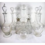 Seven decanters (two pairs measuring 23cm and 30cm high) and a carafe, 18th and 19th century