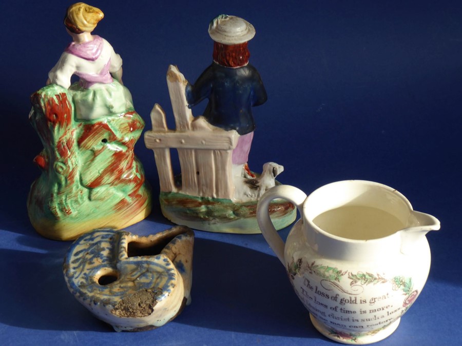 A mixed pottery group of four: two mid-19th century Staffordshire figures, one with a shepherd - Image 2 of 3