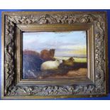 A small 19th century gilt-framed oil on panel study of sheep in countryside surrounds (11cm x 15cm)