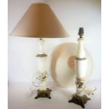 A composite pair of brass and white marble table lamps with shades