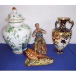 A Royal Crown Derby three-handled vase (26cm high) (a/f), a Beswick porcelain pheasant (14cm