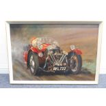 Lionel ROUSE (British) 1911-1984; a framed oil on artist's board study of motor racing, 'Joy Rainey'