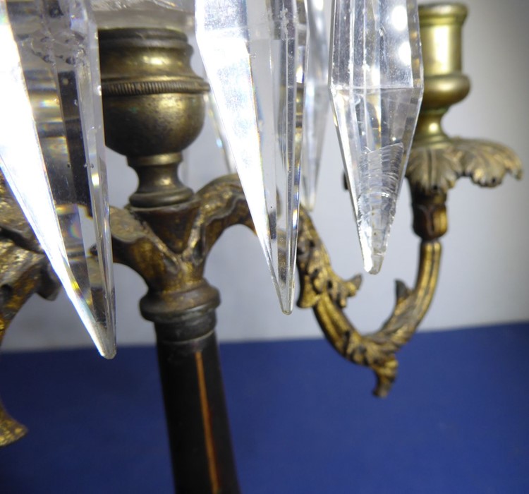 A 19th century gilt-metal and cut-glass two-branch candelabra; hanging hand-cut faceted lustres ( - Image 10 of 11
