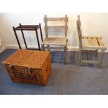 A mixed lot to include two wooden garden chairs, an early 20th century six-division oak umbrella