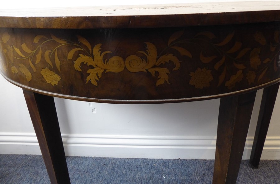 A late 19th / early 20th century demi-lune walnut and boxwood marquetry side table; raised on square - Image 4 of 6