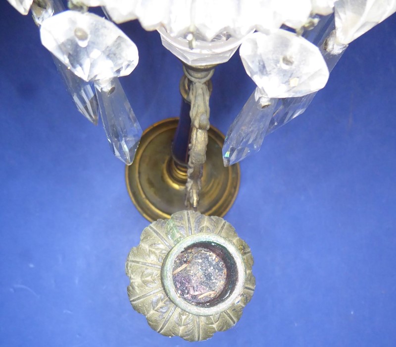 A 19th century gilt-metal and cut-glass two-branch candelabra; hanging hand-cut faceted lustres ( - Image 5 of 11