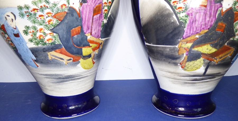An opposing pair of early 20th century Japanese baluster-shaped pottery vases; each hand-decorated - Image 3 of 15